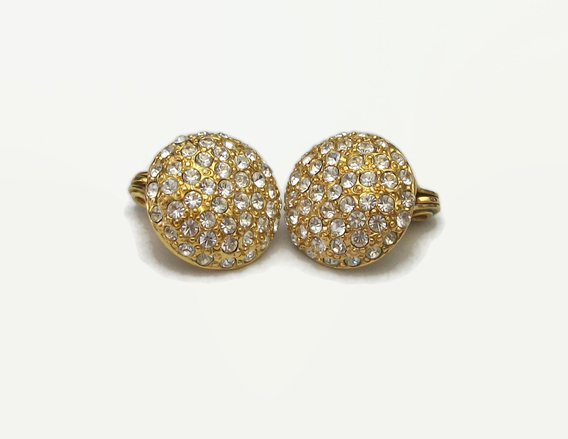 Vintage Monet Gold Tone and Pave Rhinestone Clip on Earrings Round 3 4 Button Clear Rhinestone Gold Clip Ons Wedding Bride Bridal Jewelry Felt in My Heart Vintage