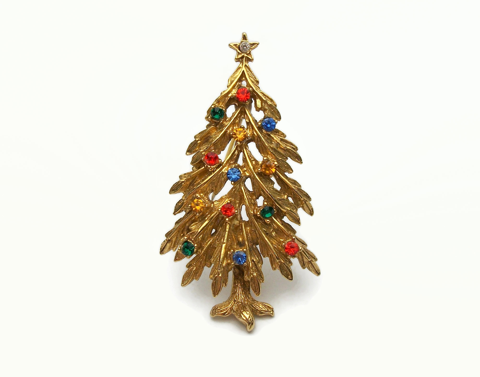Vintage Signed ART Gold Rhinestone Christmas Tree Brooch Lapel
