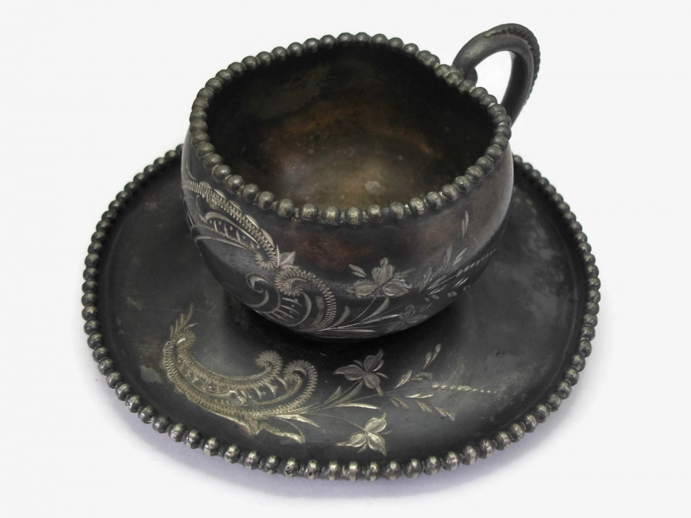 Antique James W Tufts Quadruple Silver Plate Tea Cup and Saucer
