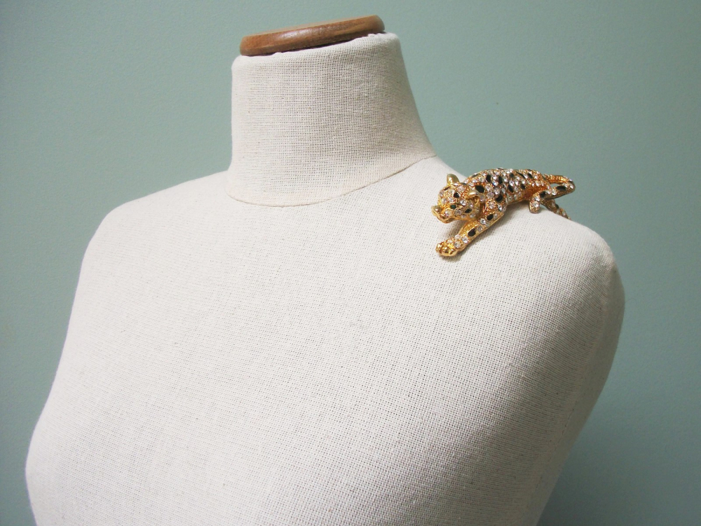 Vintage Panther Leopard Shoulder Brooch Gold with Black Enamel and Pave Clear Crystals Ornate Statement Jewelry Jungle Cat Pin Felt in My Heart Vintage