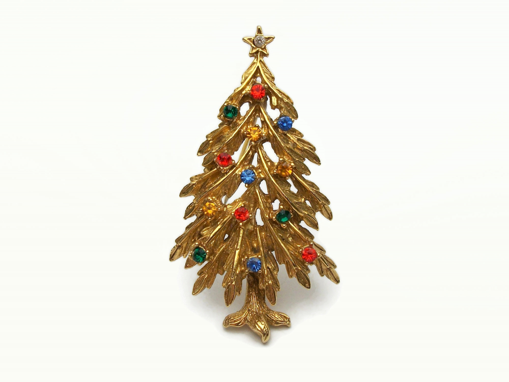 Vintage Signed ART Gold Rhinestone Christmas Tree Brooch Lapel