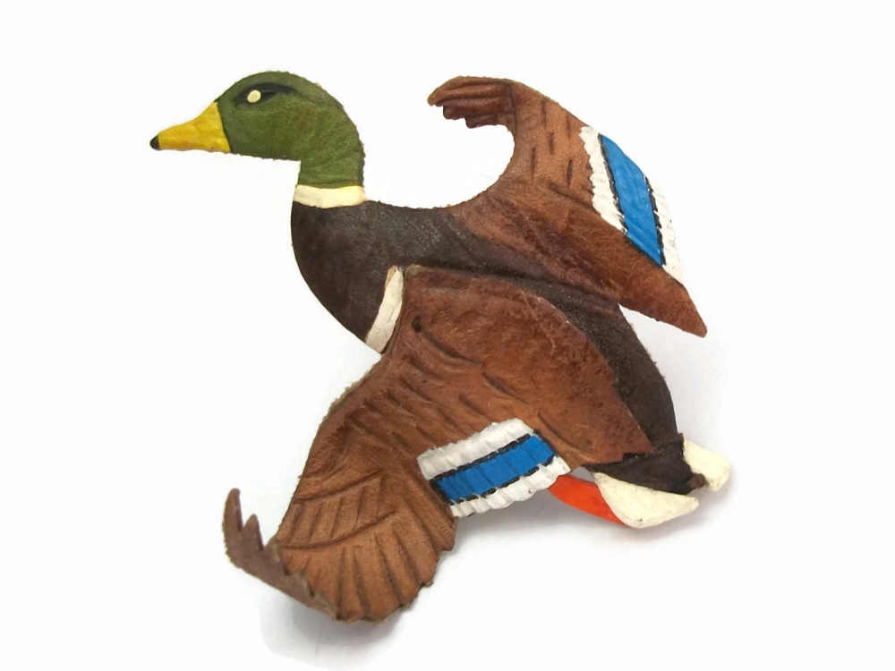 Leather Duck Pattern Vintage Mallard Duck Brooch Hand Tooled Leather Hand Painted Leather ...