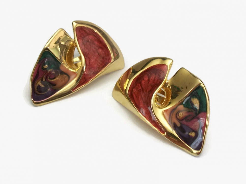 Vintage DonLin Enamel Clip on Earrings Large Big Colorful Enamel Swirl