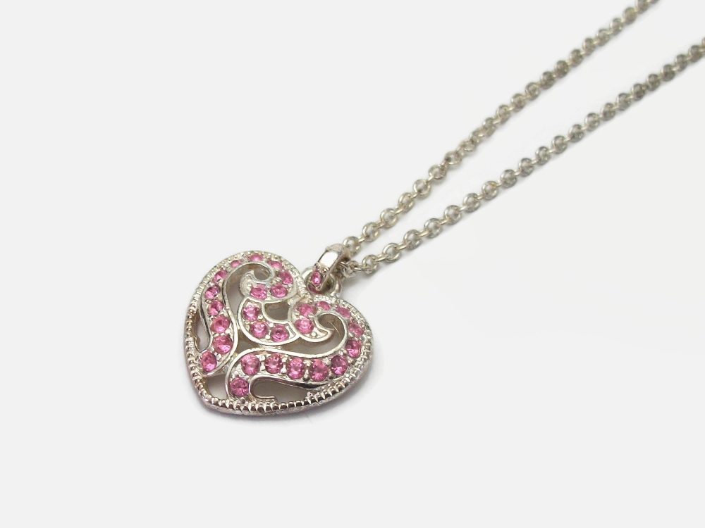Vintage Silver and Pink Rhinestone Heart Shaped Pendant Necklace 16 ...