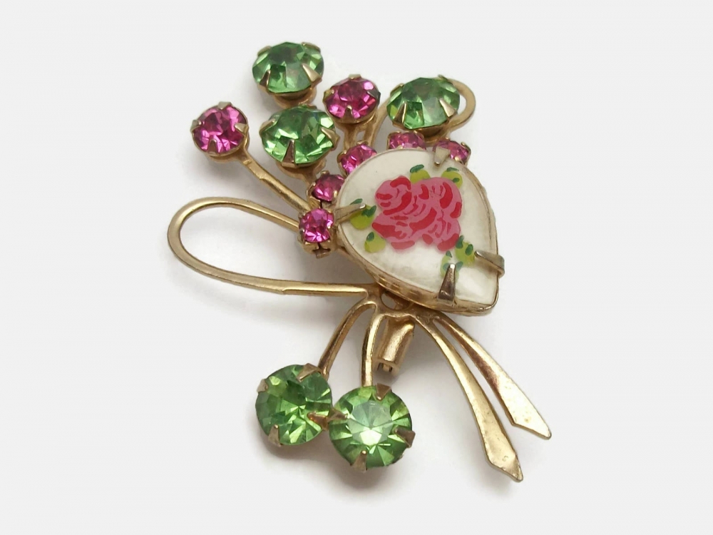 Vintage Pink and Green Rhinestone Floral Spray Brooch Prong Set Riveted
