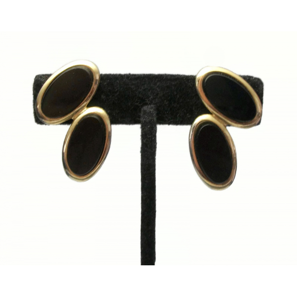Vintage Black Onyx Clip on Earrings Double Oval Geometric Earrings