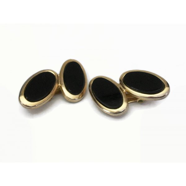 Vintage Black Onyx Clip on Earrings Double Oval Geometric Earrings