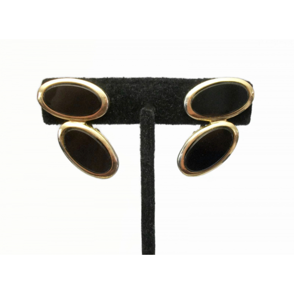 Vintage Black Onyx Clip on Earrings Double Oval Geometric Earrings