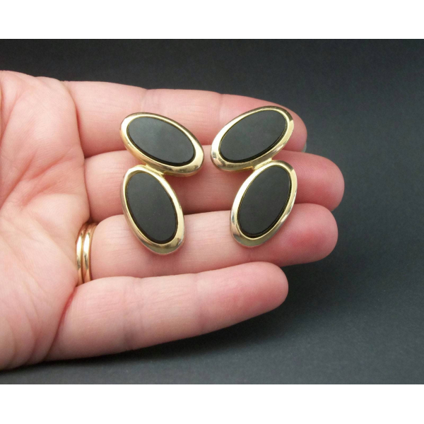 Vintage Black Onyx Clip on Earrings Double Oval Geometric Earrings