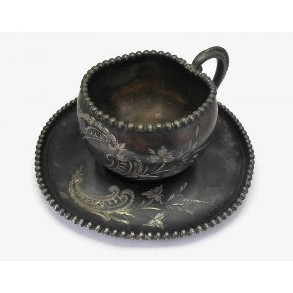 Antique Quadruple Silver Plate Teacup and Saucer James W Tufts Vintage Tea Cup