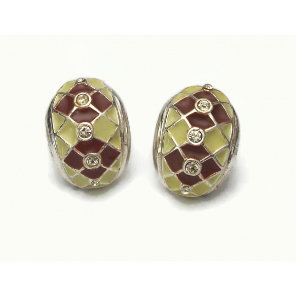 Vintage Yellow and Burnt Sienna Brown Argyle Clip on Earrings