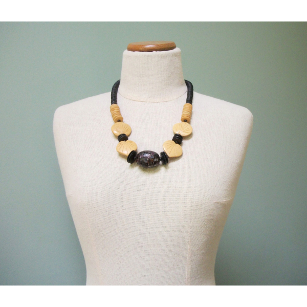 Vintage Wood Leaf and Shell Inlay Chunky Bead Statement Necklace Boho Jewelry