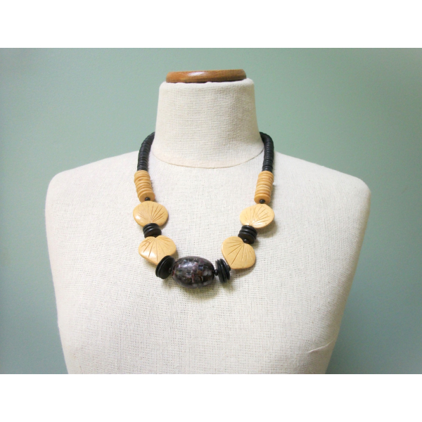 Vintage Wood Leaf and Shell Inlay Chunky Bead Necklace Boho 24 inch Statement
