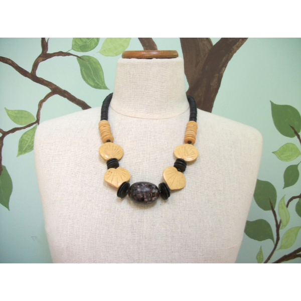 Vintage Wood Leaf and Shell Inlay Chunky Bead Statement Beaded Necklace 24 in