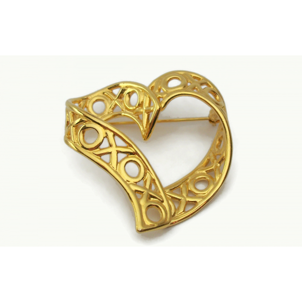 Vintage Anne Klein Heart Brooch Big Gold XOXO 3D Ribbon Heart Shaped Pin