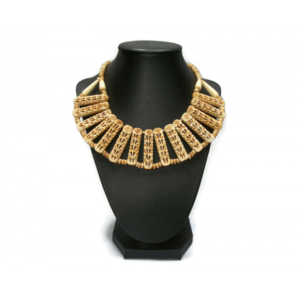 Unique Stunning Carved Bone Choker Necklace 15.5 inch Bib Necklace Folk Art