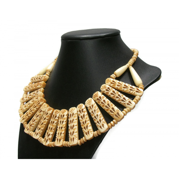 Vintage Bone Necklace Hand Carved CHunky Statement Choker Necklace Folk Art
