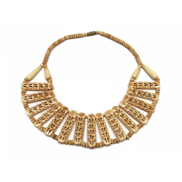 Vintage Carved Bone Necklace Folk Art Statement Necklace Bone Jewelry