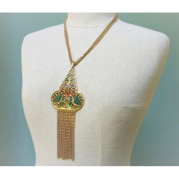 Vintage Crown Trifari plique-a-jour necklace with peacock motif