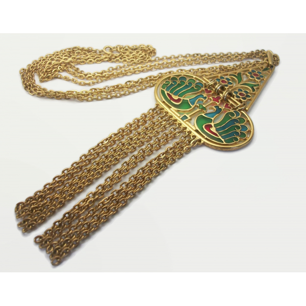Crown Trifari Poured Enamel Gold Fringe Statement Necklace Peacock Motif