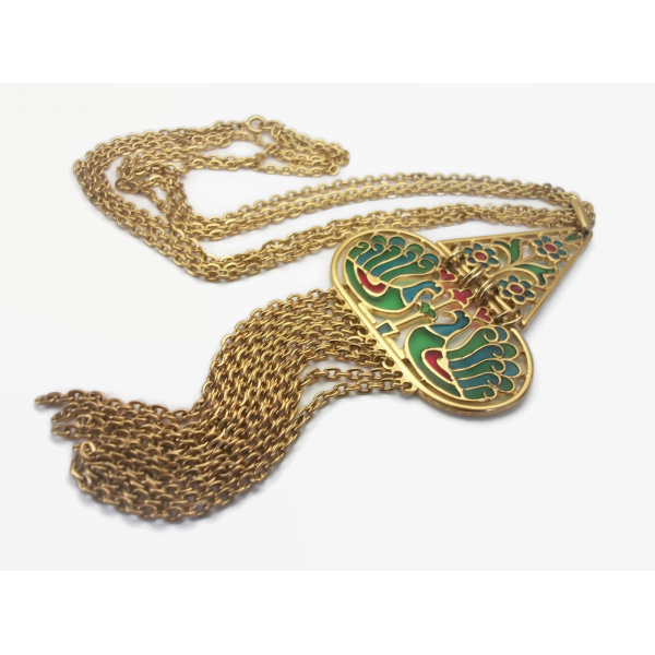 Vintage Crown Trifari plique-a-jour necklace with peacock motif