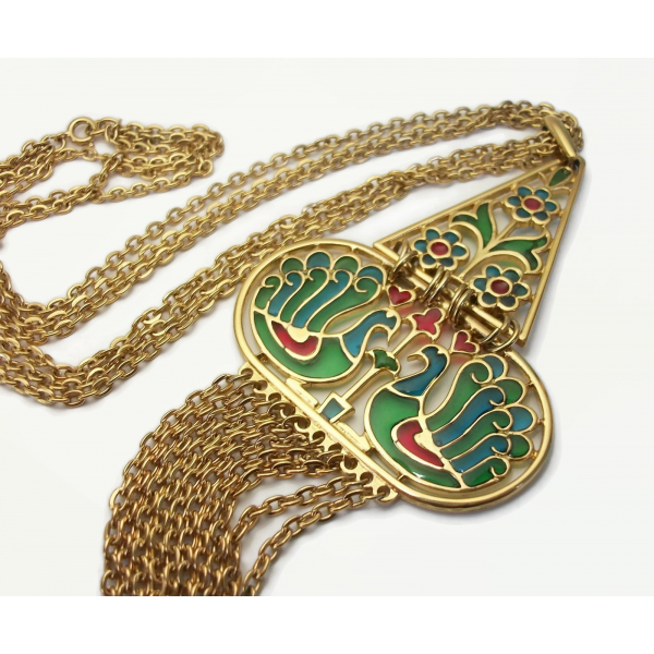Vintage Crown Trifari plique-a-jour necklace with peacock motif