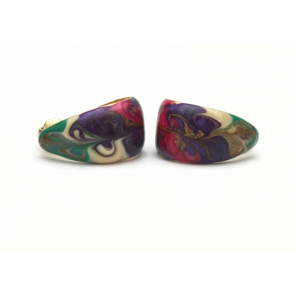 Vintage Purple Enamel Swirl Hoop Clip on Earrings Colorful Purple Green Hot Pink