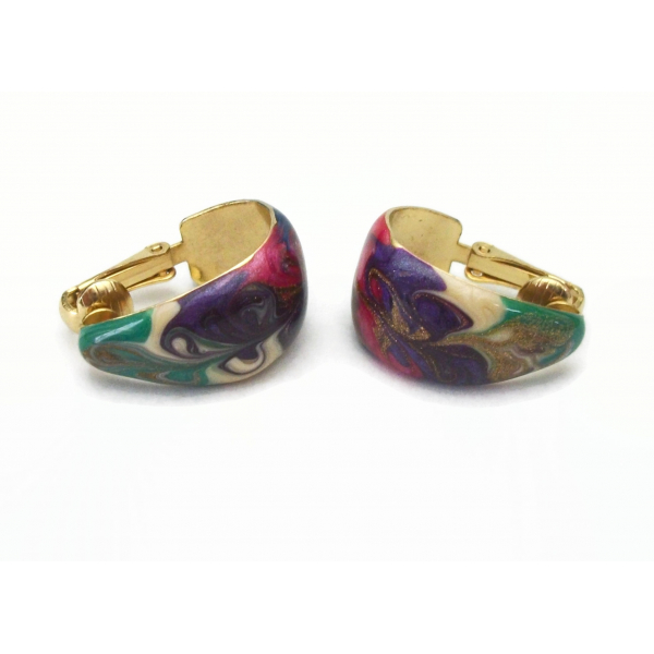 Vintage Purple Enamel Swirl Hoop Clip on Earrings Colorful Purple Green Hot Pink