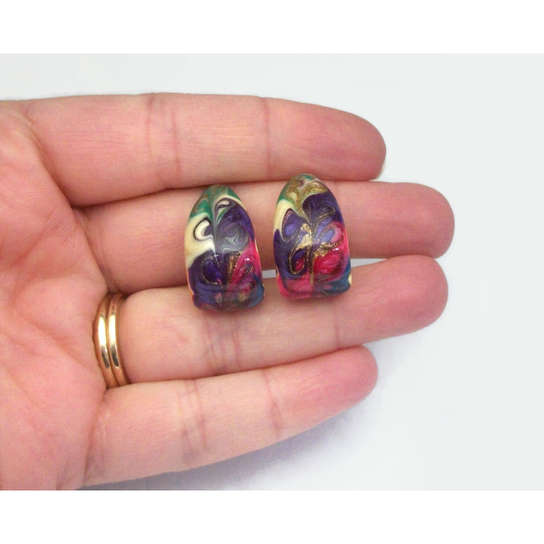 Vintage Purple Enamel Swirl Hoop Clip on Earrings Colorful Purple Green Hot Pink