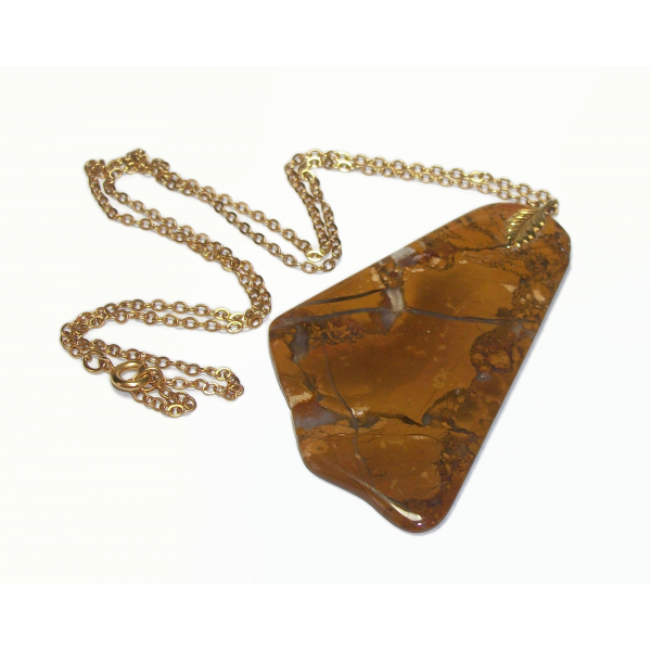 Vintage Stone Slice Pendant Necklace with Decorative Leaf Bail 24" gold chain