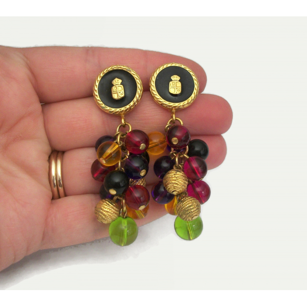 Vintage Liz Claiborne Crest Shield Dangle Earrings with Colorful Bead Cluster