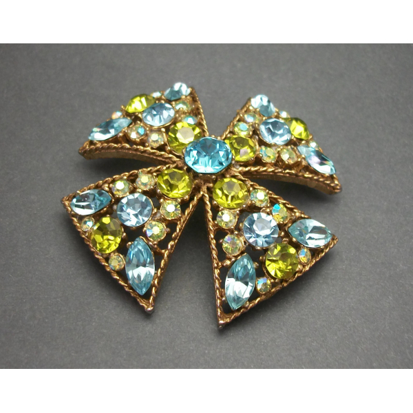 Vintage Unsigned Florenza Crystal Maltese Cross Brooch Blue and Green Crystals