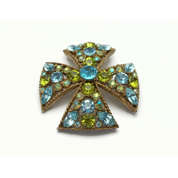 Vintage Unsigned Florenza Crystal Maltese Cross Brooch Aquamarine Blue Green