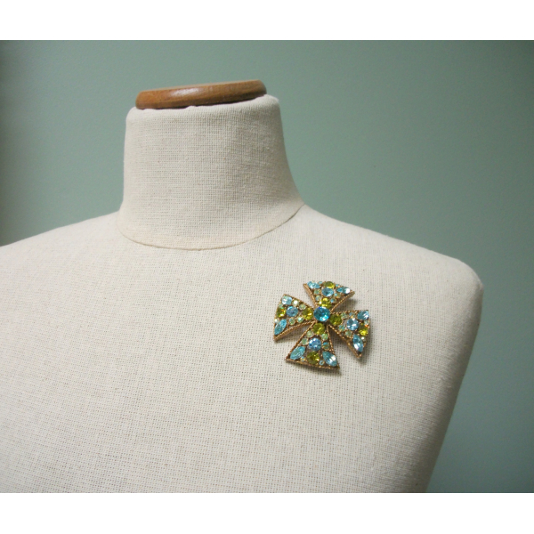 Vintage Unsigned Florenza Crystal Maltese Cross Brooch Blue and Green Crystals