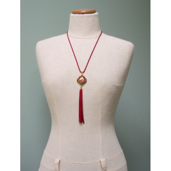 Vintage Red Cloisonne Enamel Tassel Pendant Necklace 24 inch Cord