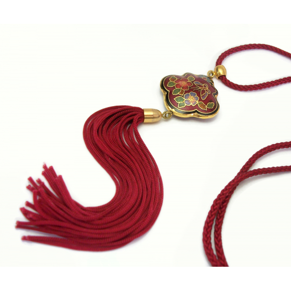 Vintage Red Cloisonne Enamel Tassel Pendant Necklace 24 inch Cord