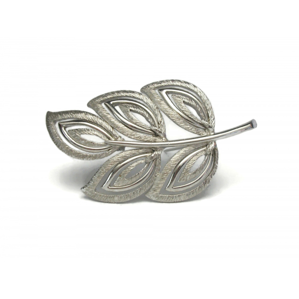 Vintage Signed Kramer Silver Leaf Pin Openwork Leaf Shaped Brooch Lapel Pin