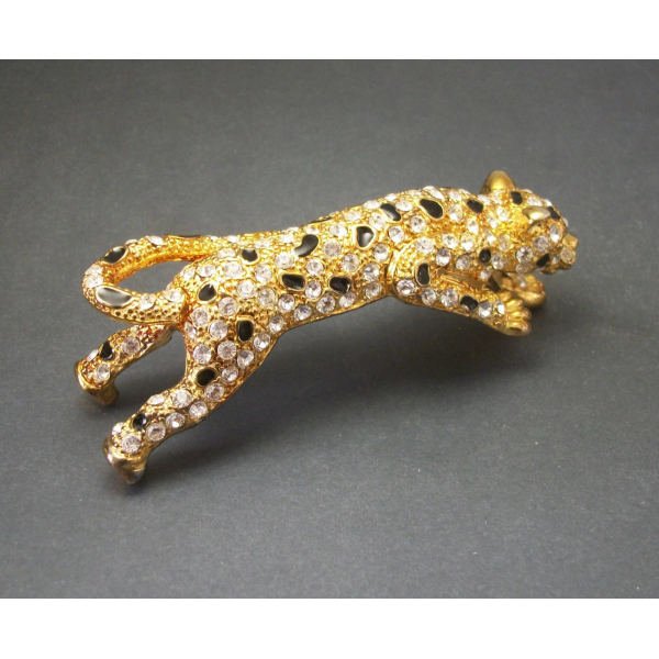 Vintage Panther Leopard Shoulder Brooch Gold Pave Crystal Rhinestones