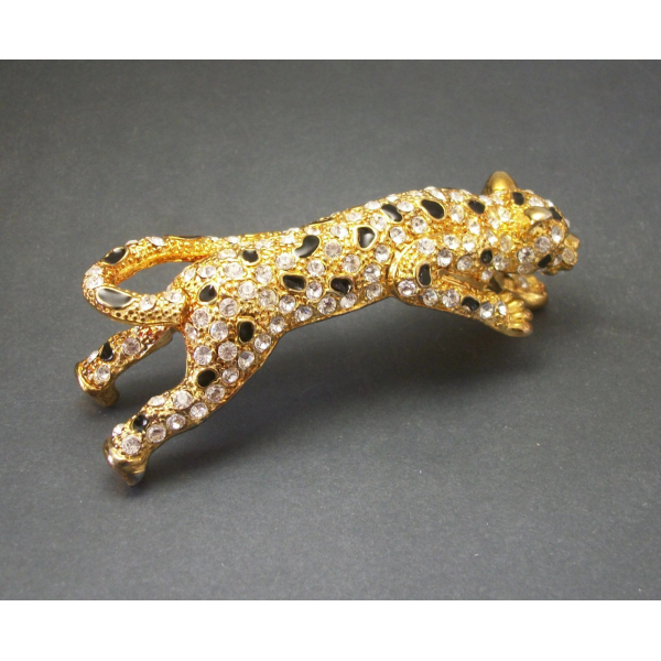 Vintage Panther Leopard Shoulder Brooch Gold Tone Metal Pave Crystal Rhinestones