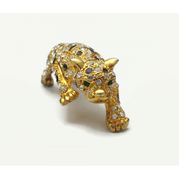 Panther Shoulder Brooch Gold with Pave Crystals Black Enamel Statement Jewelry