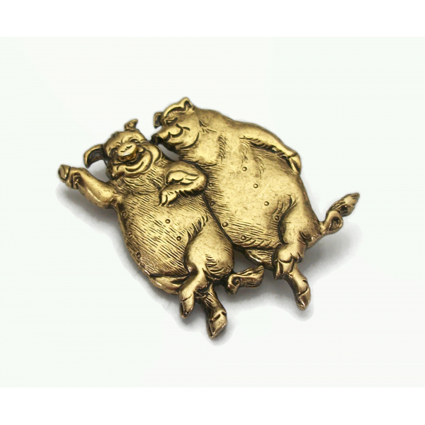 Vintage Museum of Fine Arts MFA C&C Pig Brooch Gold Dancing Pigs Lapel Pin