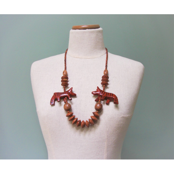 Vintage Chunky Wood Beaded Necklace Tribal Chunky Animal Beads Tiger Boho