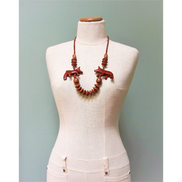 Vintage Chunky Wood Beaded Necklace Tribal Chunky Animal Beads Tiger Boho