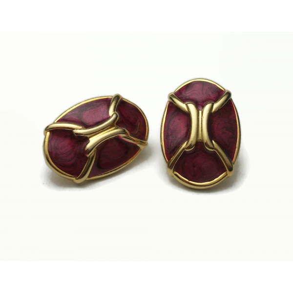 Vintage Gold Magenta Swirl Enamel Clip on Earrings Oval Enamel Earrings Fuchsia