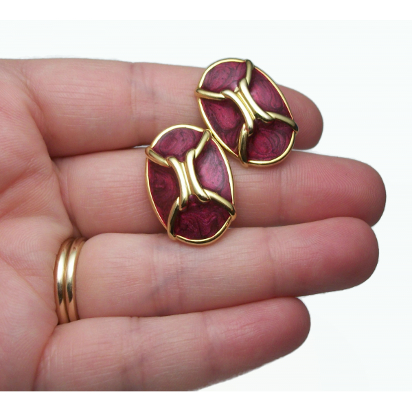 Vintage Gold Magenta Swirl Enamel Clip on Earrings Oval Enamel Earrings Fuchsia