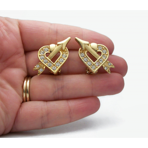 Vintage Signed Swarovski Swan Gold Heart and Cupid's Arrow Clip on Earrings