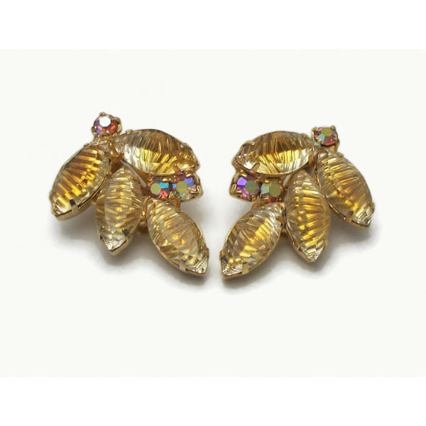 Vintage Crystal Leaf Clip on Earrings Two Tone Golden Yellow & Clear Crystals