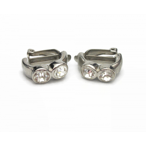 Vintage Silver Clear Crystal Rhinestone Clip on Earrings 1 inch Half Hoops