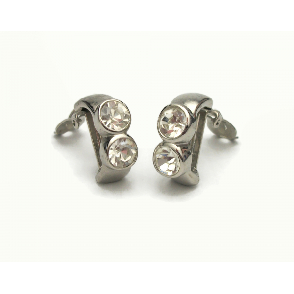Vintage Silver Clear Crystal Rhinestone Clip on Earrings Large Double Crystals