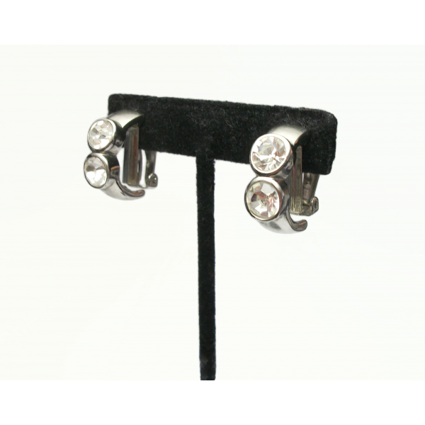 Chunky Silver Half Hoop Clip on Earrings with Double Clear Crystals